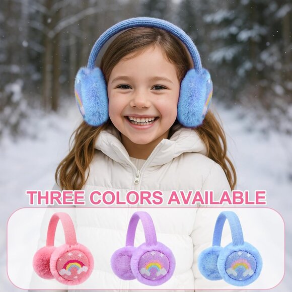 ⚡Kids Blue Knitted Rainbow Winter Outdoor Plush Adjustable Warm Ear Muffs - Picture 2 of 7